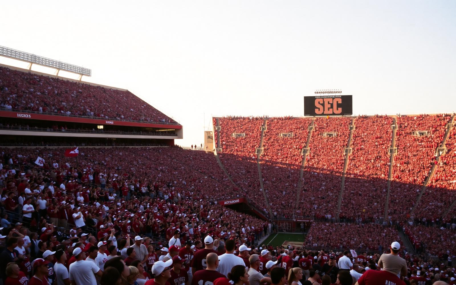 College football game day crowd in maroon and white