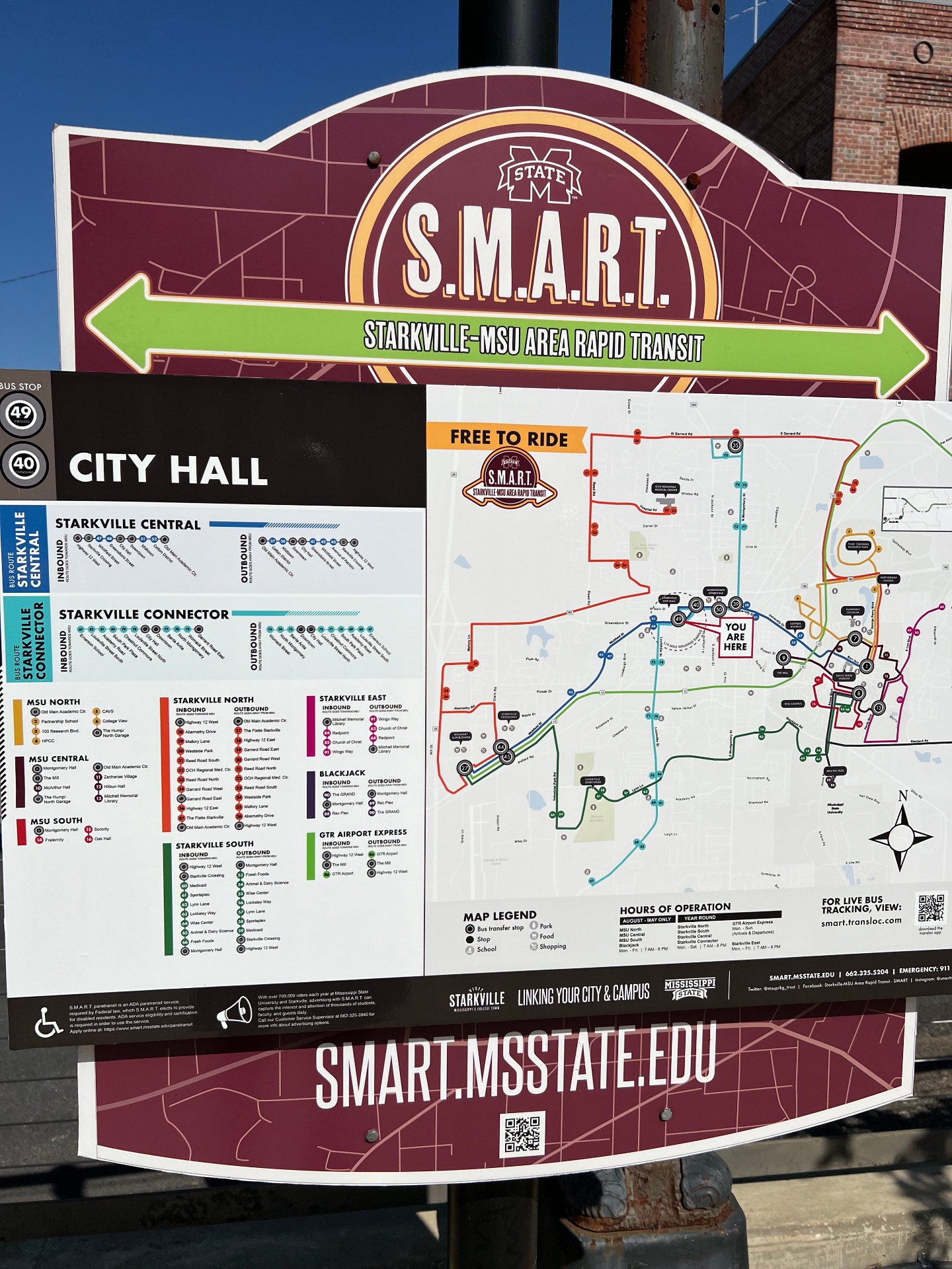 S.M.A.R.T. Starkville-MSU Area Rapid Transit map at City Hall